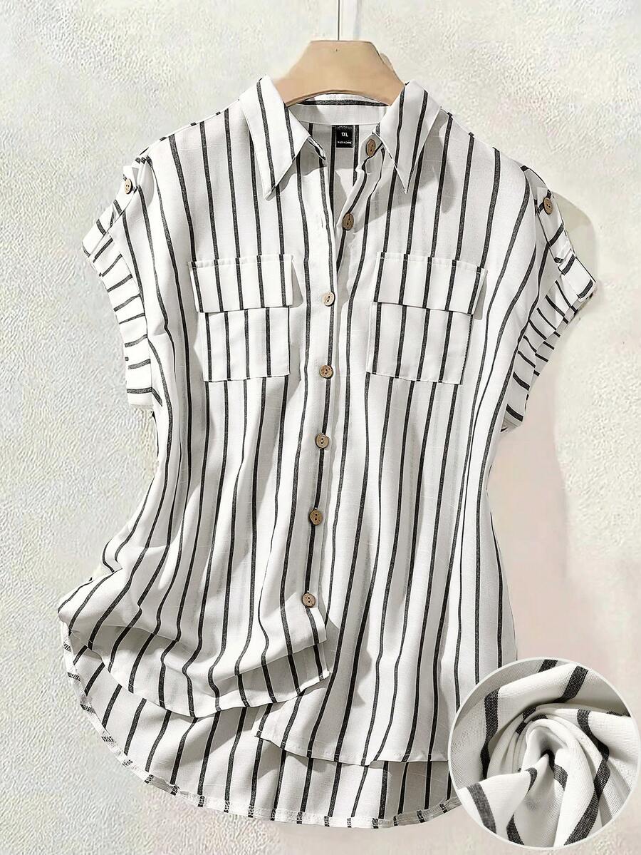 Linhara 大码女式夏季时尚条纹单排扣落肩短袖双口袋休闲舒适优雅办公衬衫 - 黑與白 - 查看 1