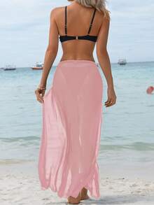 SHEIN Swim Vcay Chân váy lưới xẻ cao mùa hè dành cho nữ, thích hợp cho kỳ nghỉ biển, kết hợp với viền trang trí họa tiết vỏ sò và sao biển thời trang. - Hồng - Xem 2