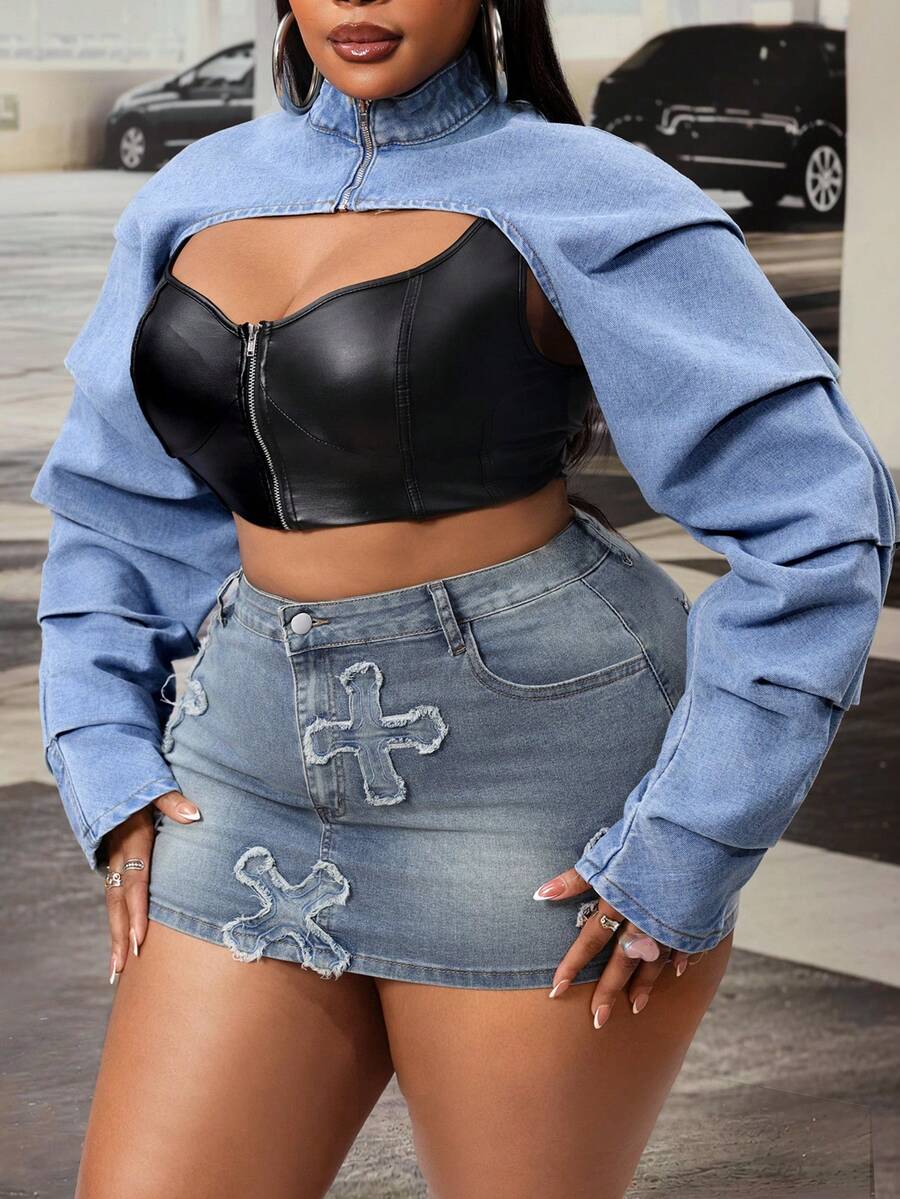 Slaydiva Chaqueta vaquera suelta y sexy de talla grande - Azul - Ver 1