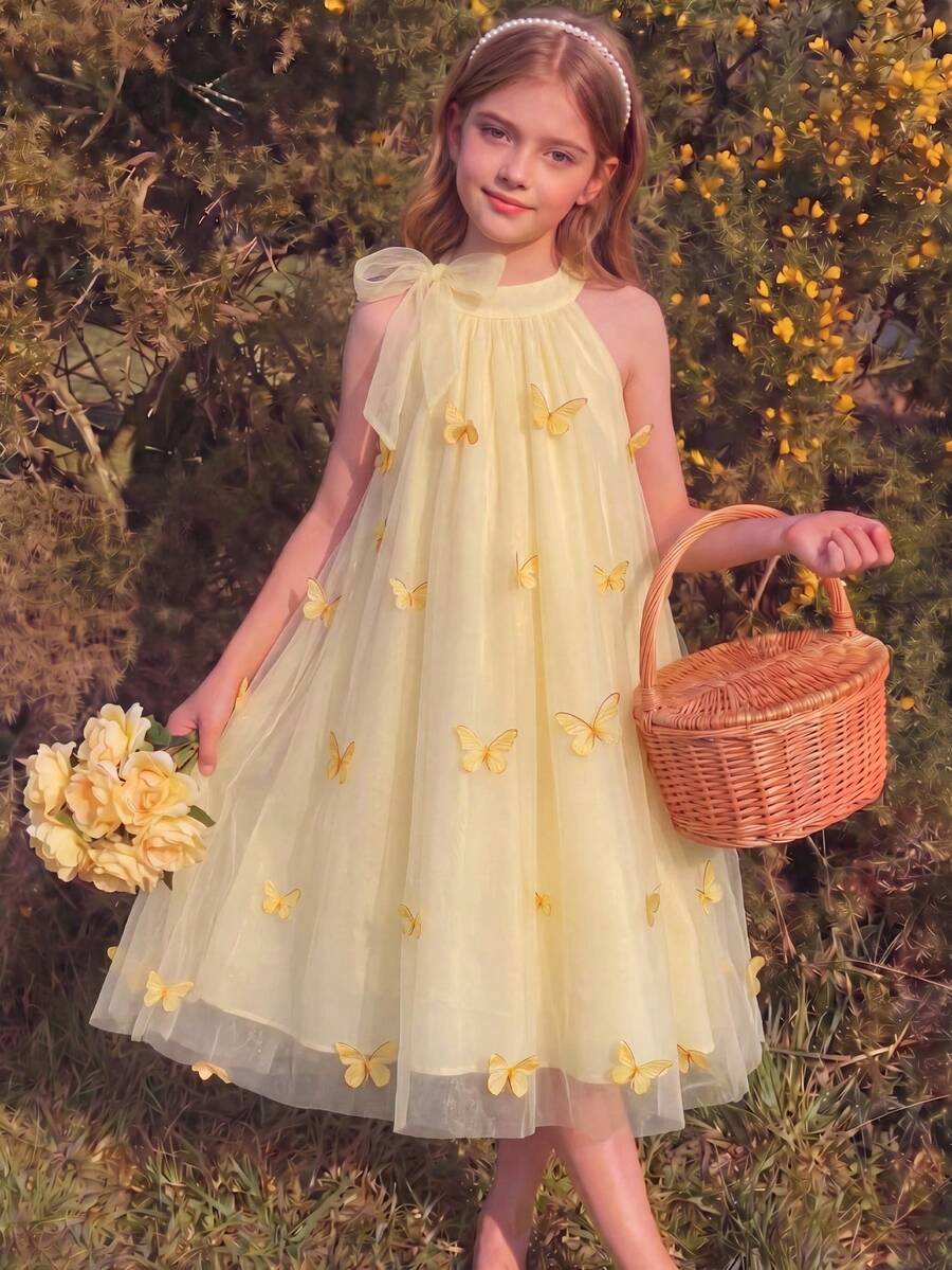 SHEIN 少女无袖露背3D蝴蝶网纱派对连衣裙,适合派对和节日穿着,夏季 - 黃色 - 查看 1
