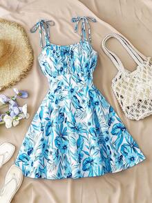 GlowEve CURVE Plus Size Women's Elegant Casual Vacation Spaghetti Strap Backless Cinched Waist A-Line Short Floral Print Blue Dress - Blue - View 1