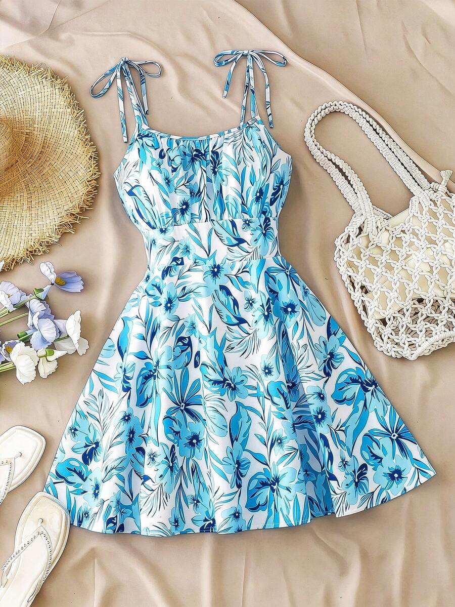 GlowEve CURVE Plus Size Women's Elegant Casual Vacation Spaghetti Strap Backless Cinched Waist A-Line Short Floral Print Blue Dress - Blue - View 1