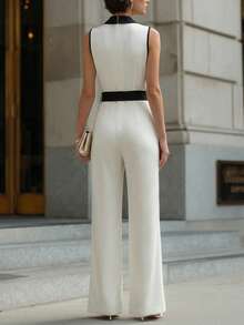 Elenzga Bộ jumpsuit palazzo không tay màu đen và mơ phối hợp, cạp chun, dành cho nữ, thích hợp cho mùa xuân/hè. - Màu be - Xem 2