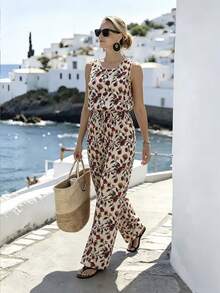 EMERY ROSE Plus Size Women Floral Print Tie Front Jumpsuit, Suitable For Beach Vacation - Apricot - View 5