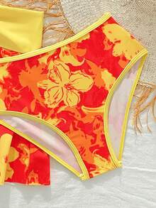 SHEIN 少女三件套泳衣，橙色植物印花，包含泳衣上衣、泳裤和泳裙，适合海滩度假和夏季穿着。 - 黃色 - 查看 5
