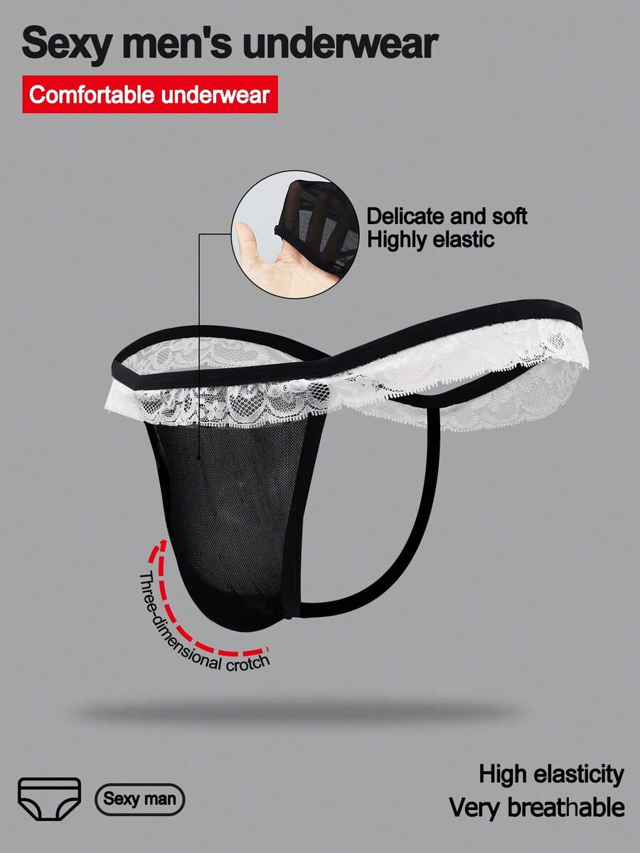 DrisQ DrisQ Fashionable Alluring Black Hollow Mesh Seductive White Lace Mid-Waist Sexy Men's Lingerie - Black and White - View 1