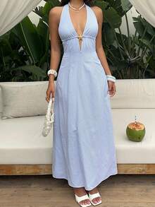 Sunnyshic Abito a-line in cotone a righe blu e bianche con scollo a v, schienale scoperto e laccio, elegante per l'estate, la spiaggia, le vacanze, gli spostamenti, lo shopping, gli appuntamenti e l'uso quotidiano - Blu e Bianco - Visualizzare 6