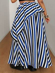 Maweii Plus Size Women Casual Striped French Style Versatile Slimming Romantic A-Line Skirt - Blue - View 2