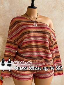 SHEIN CURVE+ Holiday 2pcs Women Striped Asymmetrical Shoulder Long Sleeve Top And Shorts Set - Multicolor - View 1