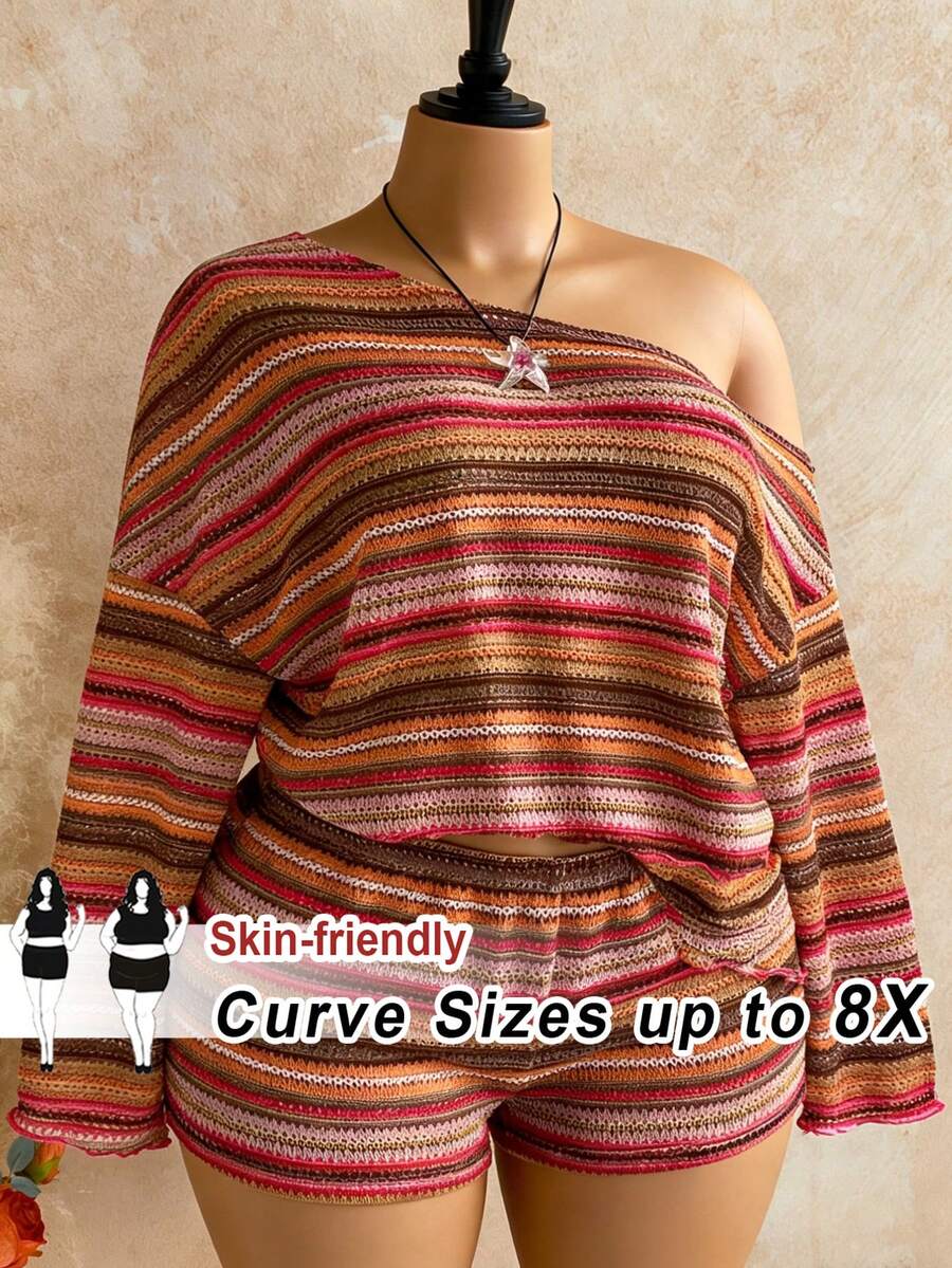 SHEIN CURVE+ Holiday 2pcs Women Striped Asymmetrical Shoulder Long Sleeve Top And Shorts Set - Multicolor - View 1