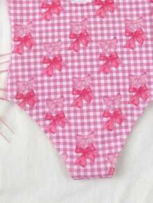 SHEIN 女童针织格子蝴蝶结装饰3D花朵连体泳衣 - 粉色 - 查看 5