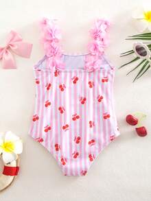 SHEIN Young Girl Cherry Striped Print Decorated One-Piece Swimwear, Beach & Resort Style - Red and White - View 2
