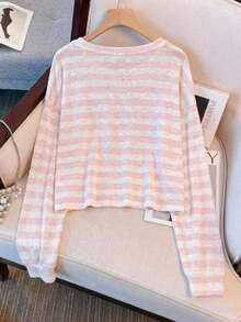 SHEIN 少女条纹宽松休闲沙滩度假泳衣罩衫 - 淺粉色 - 查看 2