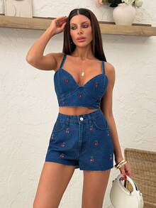 SHEIN Women Cherry Embroidered Cami Top & Short Denim Two Pieces Set - Medium Wash - View 7