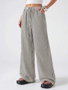 LYSMO Women's Casual Navy Blue Striped Drawstring Waist Loose Pants - Navy Blue - View 3