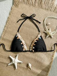 SHEIN Swim Vcay 纹理面料亮片贝壳装饰可爱性感沙滩泳衣上装 - 黑色 - 查看 2