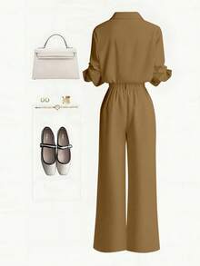 Zovinel New Button-Up Solid Color Shirt And Straight Leg Casual Pants Set - Khaki - View 2