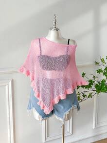 SHEIN EZwear 大码女式橄榄绿钩针编织披肩，荷叶边下摆，休闲半透明，适合外出和约会 - 淺粉色 - 查看 4