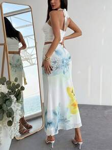 opa de vacaciones tropical bohemia para mujer, ropa de playa de malla floral para mujer, conjunto con estampado floral amarillo, ropa de vacaciones tropicales para mujer, conjunto de verano. - Blanco - Ver 2