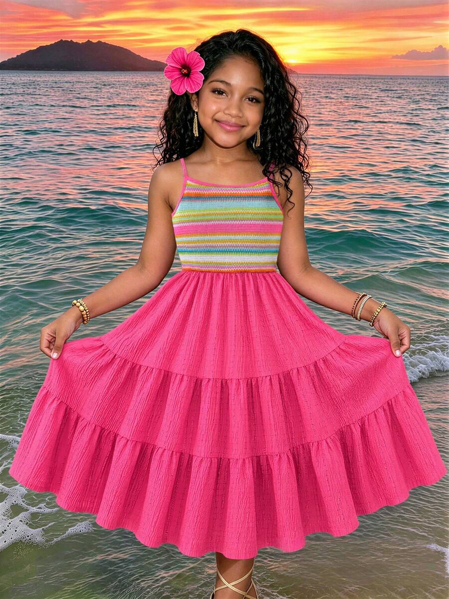SHEIN Sparklyn Girls' Hot Pink Summer Boho Cute Vacation Holiday Rainbow Striped Patchwork Peach Pink Linen Multi-Layered Ruffle Hem Sleeveless Midi Dress,Daily - Multicolor - View 1
