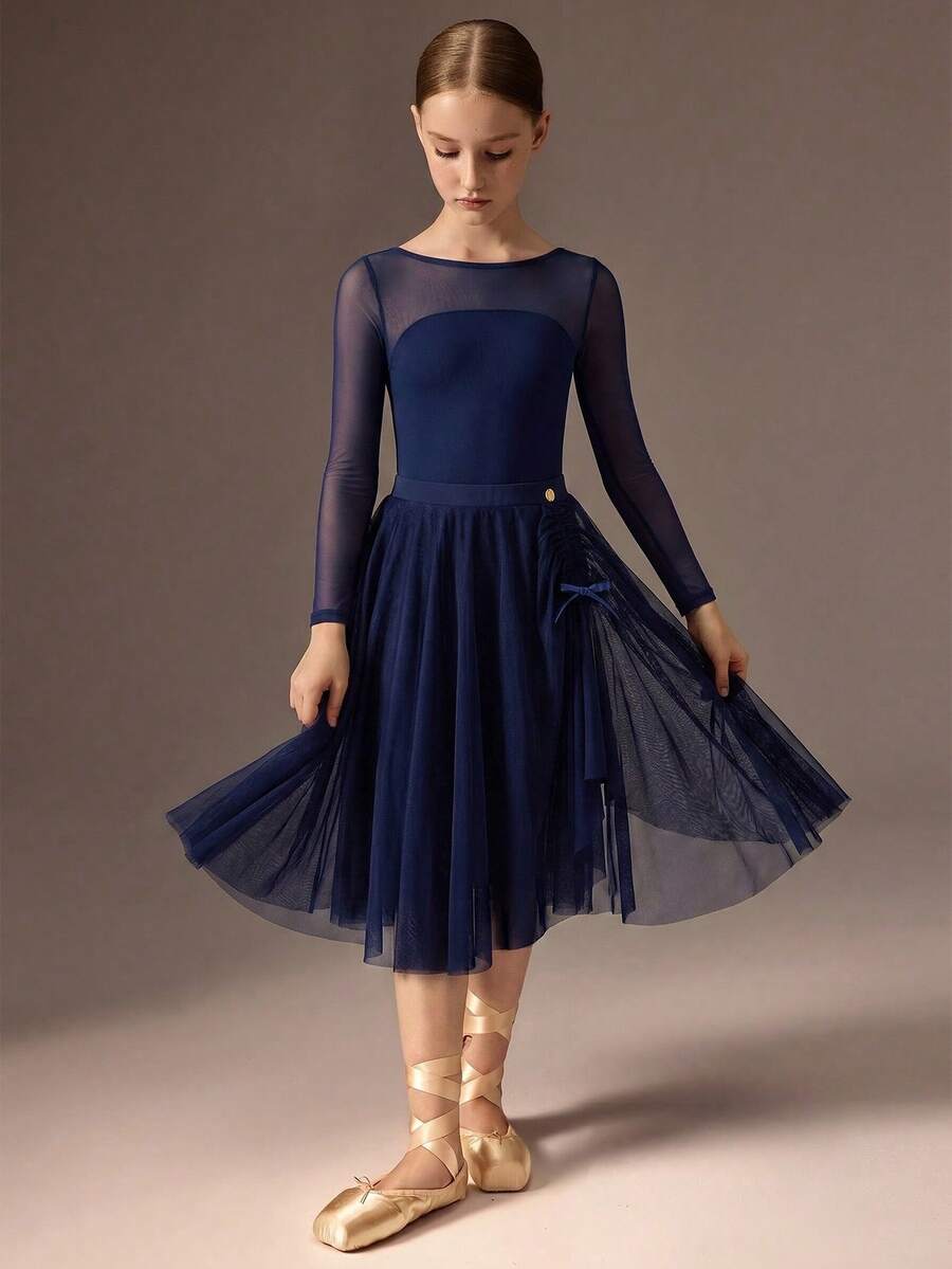 SHEIN Tween女孩運動服 玫瑰紅海軍藍 膝長網紗 可愛 校園 開學穿搭 - 藍色 - 查看 1
