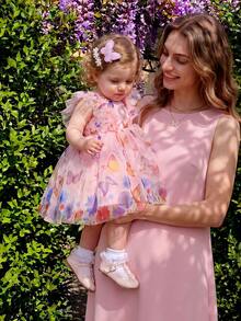 SHEIN Glamorique Kids Đầm công chúa cho bé gái, họa tiết bướm hồng, tay loe, đầm lưới hồng, dễ thương, thích hợp đi nghỉ mát, đầm mùa hè. - Hồng - Xem 3