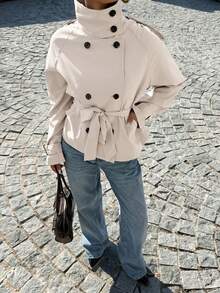 Muchica Apricot Woven High Collar Raglan Sleeve Double-Breasted Jacket - Apricot - View 5