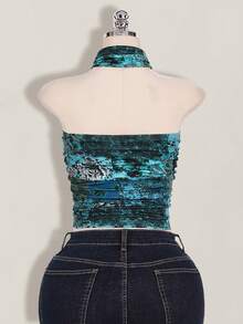 SHEIN ICON 大码 Y2k 春季外出田园风海滩波西米亚风度假性感女士简约时尚露背撞色佩斯利印花夏季女士花卉印花褶皱时尚露背吊带背心西部风女装，锐舞上衣 - 綠色 - 查看 2