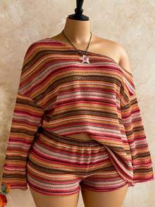 SHEIN CURVE+ Holiday 2pcs Women Striped Asymmetrical Shoulder Long Sleeve Top And Shorts Set - Multicolor - View 3