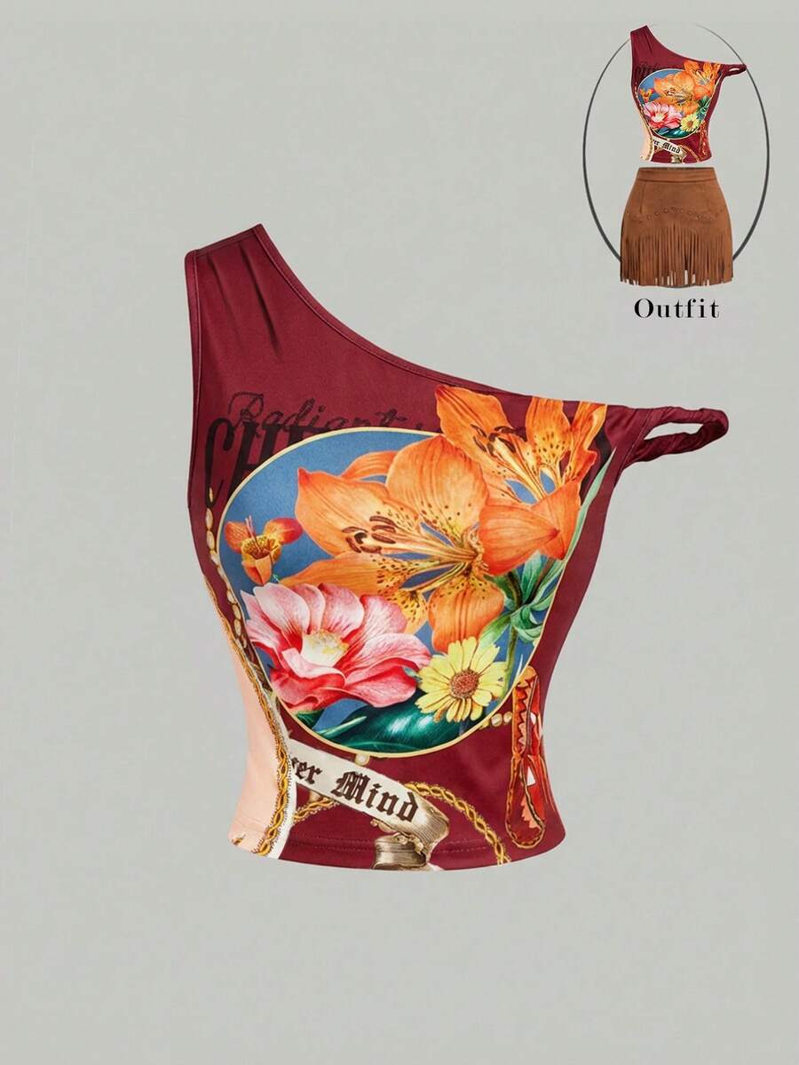 SHEIN MOD 女款酒紅色不對稱單肩短版上衣,波西米亞風鮮豔花卉與鏈條印花,適合夏季度假、節慶海灘派對,Y2K圖案修身上衣 - 酒紅色 - 查看 1