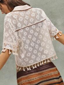 Bohemela Casual Boho Solid Color Loose Women Shirt, Summer Top Beach White - Apricot - View 7