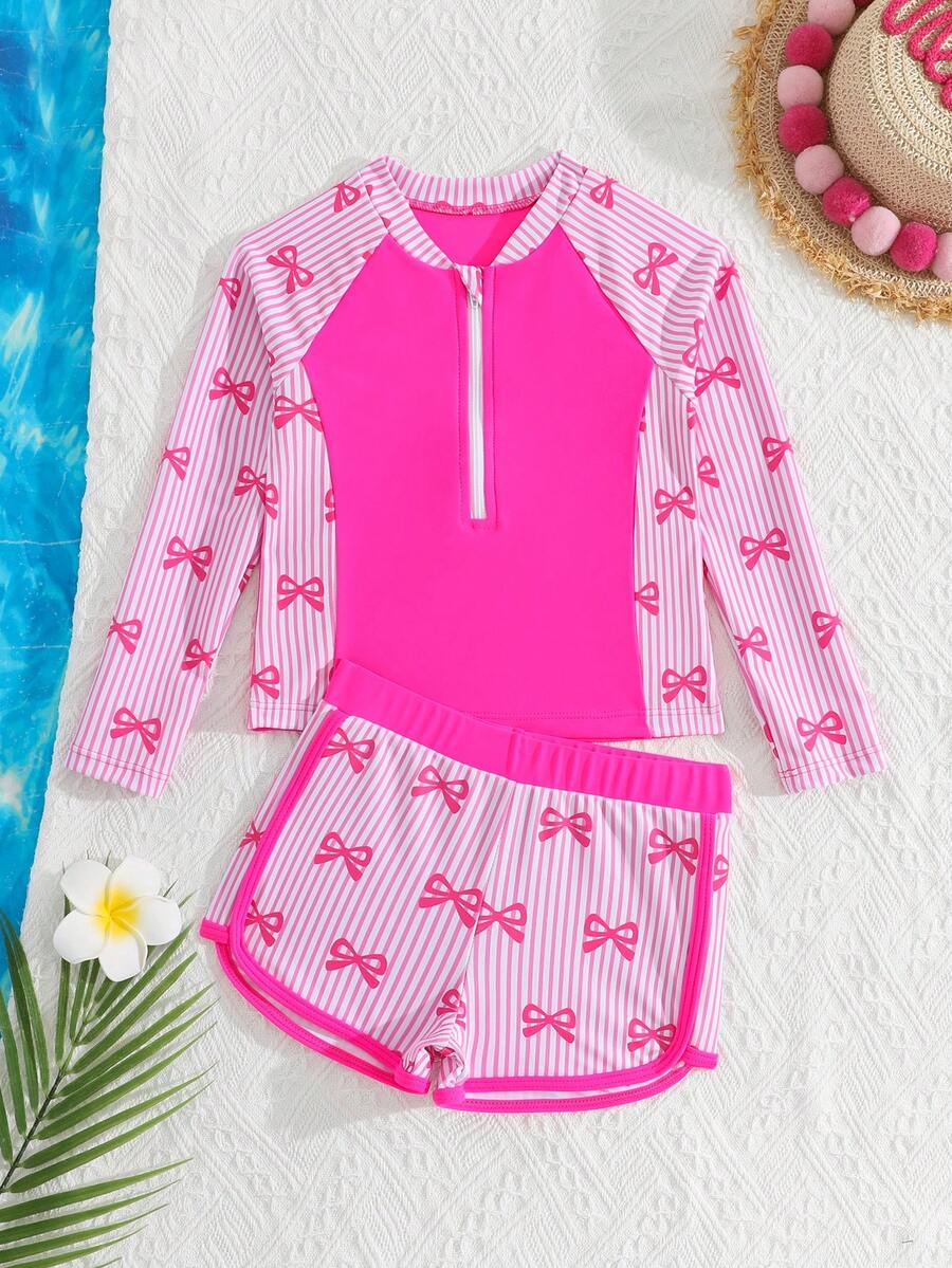 SHEIN Young Girls Tankinis Striped Butterfly Print Zipper Camisole Bikini Set With Long Sleeve & Shorts,Summer,Beach,Holiday Swimming Hot Spring Surfing - Hot Pink - View 1