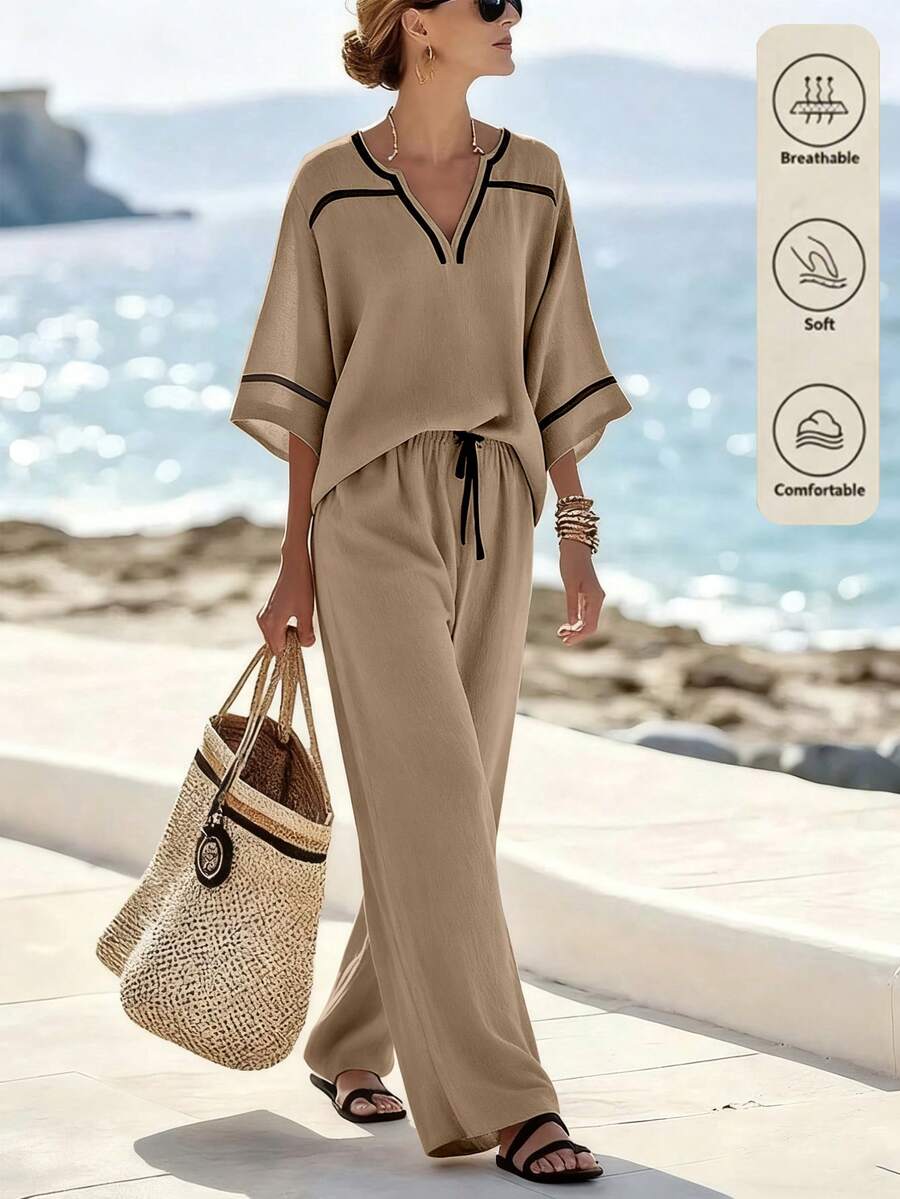 Breezaya Women's Color Block Top And Drawstring Waist Long Pants Casual Outfit - Khaki - View 1