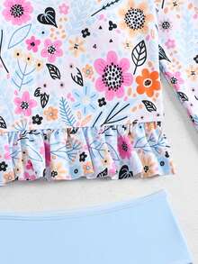 SHEIN Tween Girl Floral Print Tankini Swimwear 2 Pieces Set, Random Print - Blue - View 5