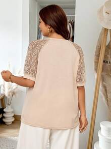 Vionelle T-shirt à col rond à manches courtes en patchwork de dentelle grande taille, pull décontracté, printemps/été - Kaki - Voir 2
