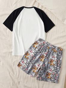 TOM & JERRY X SHEIN Men's Summer Casual Cartoon Pattern Contrast Color Raglan T-Shirt And Shorts Pajama Set - White - View 2