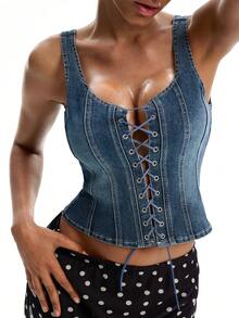 DAZY Áo tank top denim lửng ôm sát, buộc dây, gợi cảm, phong cách đường phố thường ngày dành cho nữ, thích hợp cho mùa hè. - Màu xanh lam - Xem 3