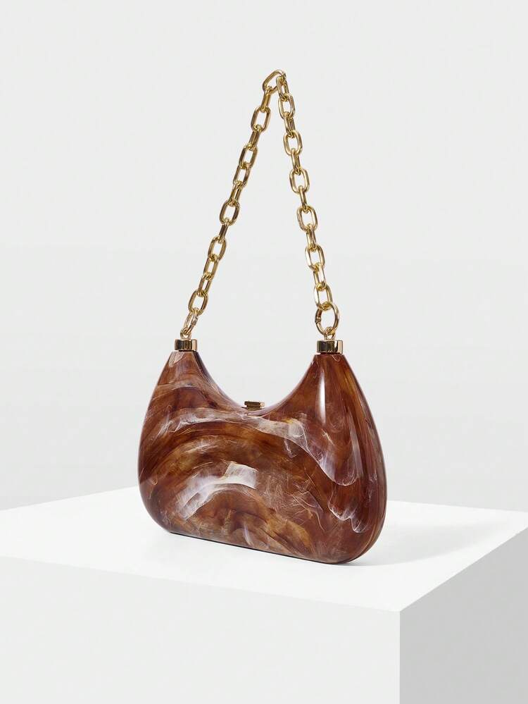 MARBLE ACRYLIC CRESCENT TOTE BAG BANQUET CHAIN BOX UNDERARM CLUTCH BAG