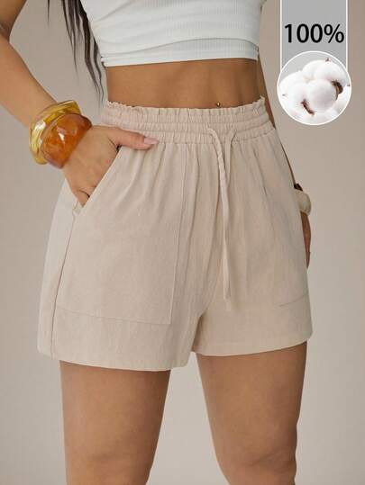 SHEIN PETITE Quần short nữ màu trơn, cạp chun, thích hợp cho mùa xuân.