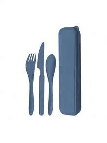 SHEIN 3Pcs/Set Portable Cutlery Set, Thickened Plastic Cutlery, Forks And Spoons, Reusable, Suitable For Travel, Restaurants, Students, Gift Sets Christmas For Holiday Gift Giving, Lunch Box,Storage Containers - Navy Blue - View 7