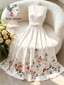 Franclia Elegant Casual Romantic Pink Floral Print High-Waisted A-Line Dress Women's Summer 70s Style Sleeveless Party Mother Of The Bride Bachelorette Wedding - Apricot - View 1