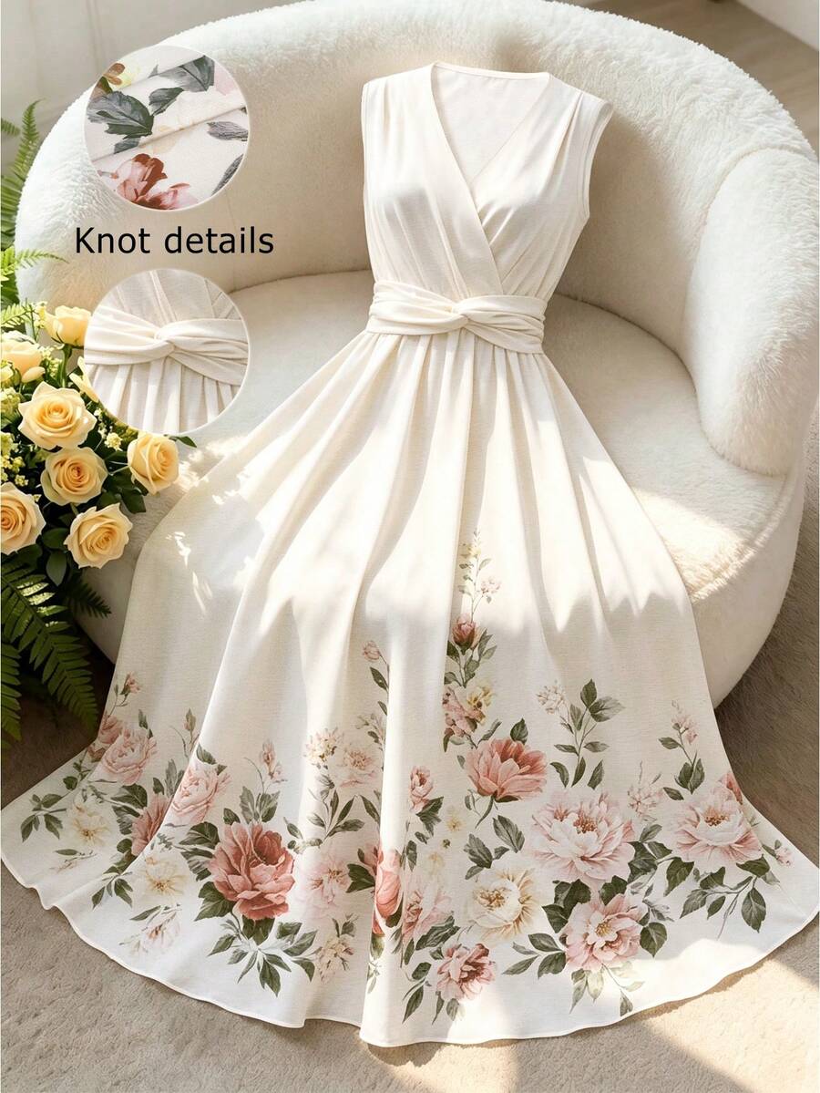 Franclia Elegant Casual Romantic Pink Floral Print High-Waisted A-Line Dress Women's Summer 70s Style Sleeveless Party Mother Of The Bride Bachelorette Wedding - Apricot - View 1