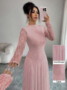 Modelyn French Style Mock Neck Lace Cinched Waist Dress For Women - Pink - View 1