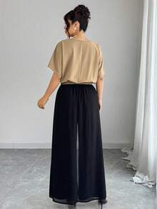 SHEIN Elenzya 2pcs/Set Batwing Sleeve Pants Suit, Fashionable Streetwear For Plus Size Women, Spring/Summer - Khaki - View 2