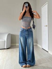 SHEIN EZwear 灰色蕾丝拼接不对称下摆性感无袖露肩短款上衣，春夏款 - 灰色 - 查看 5
