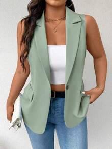 EMERY ROSE Plus Size Women Thin Casual Minimalist Sleeveless Blazer - Green - View 4