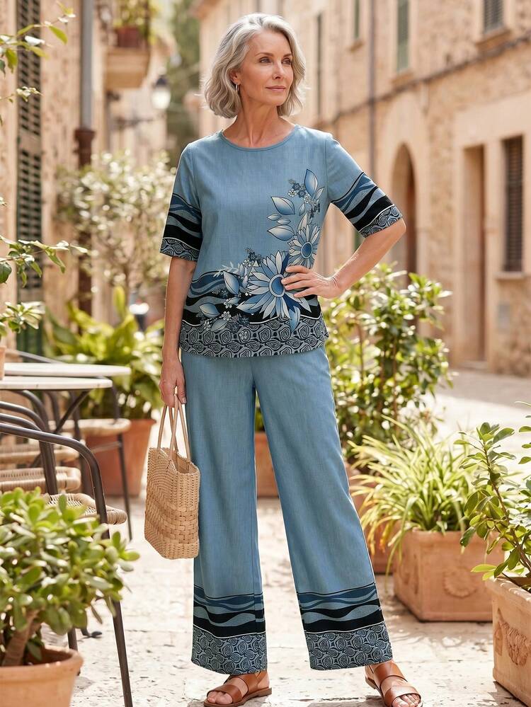 Middle-Aged Elderly Women Casual Elegant Modest Floral Print Round Neck Short Sleeve Top And Pants Set Holiday Evening Summer Summer Outfit For Women Going Out Outfits Casual Sets For Women