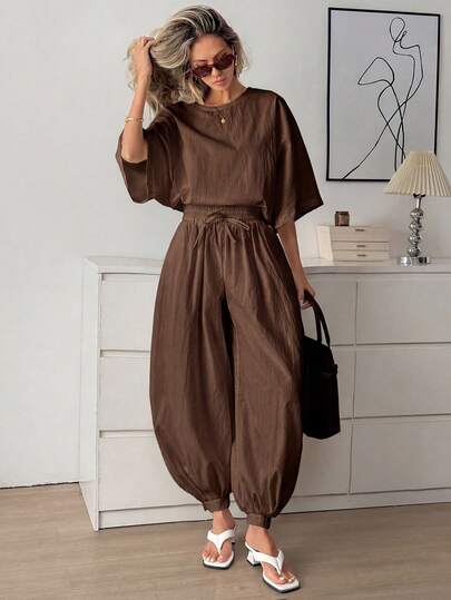 Easowa Conjunto de 2 piezas de top de manga de murciélago de unicolor minimalista y pantalones de pierna entallada para uso casual y de oficina, adecuado para primavera, verano y otoño