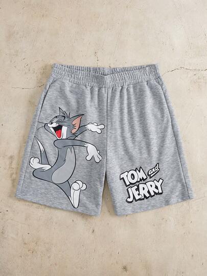 TOM & JERRY X SHEIN Men's Casual Everyday Commute Funny Cartoon Letter Print Elastic Waist Shorts, Summer