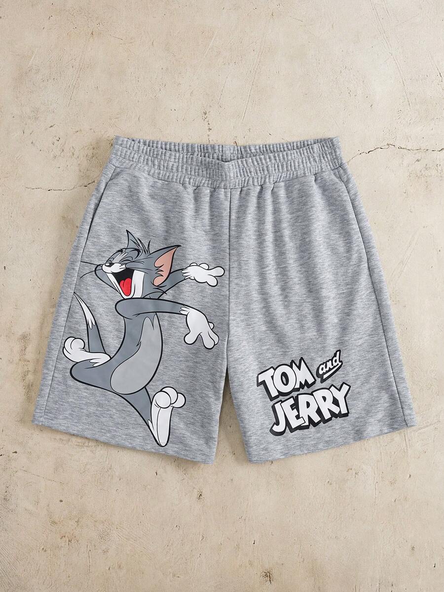 TOM & JERRY X SHEIN Quần short nam thường ngày in chữ hoạt hình ngộ nghĩnh, cạp chun, thích hợp mặc đi làm, mùa hè. - Màu Xám nhạt - Xem 1